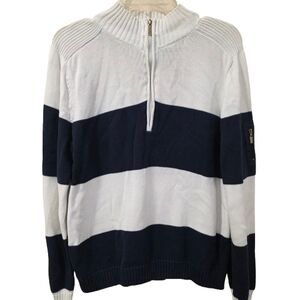 Women's V-Neck Sweater - Navy and White Striped
